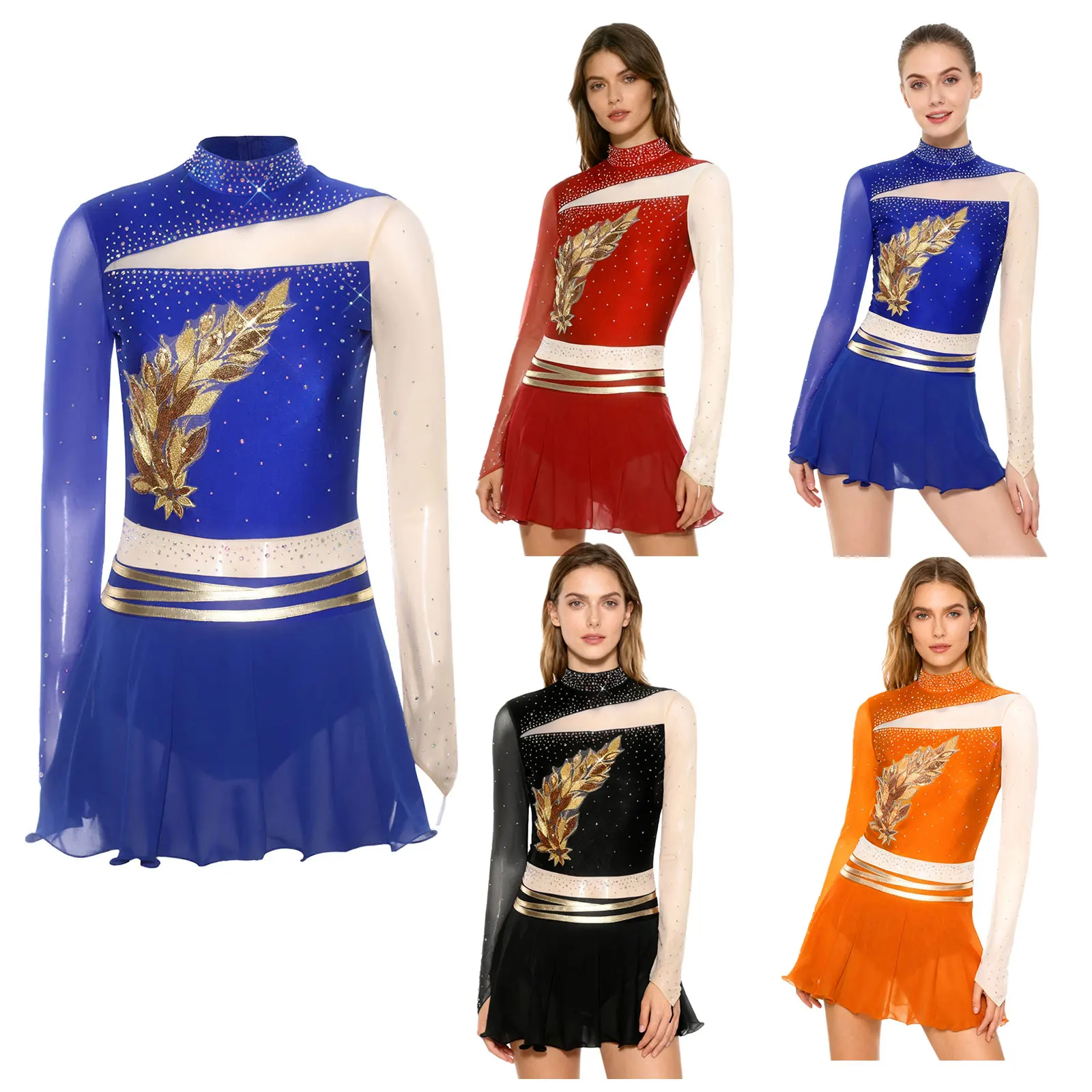 Vestido de baile de patinaje sobre hielo para mujer, apliques bordados, diamantes de imitación brillantes, manga larga, leotardo de gimnasia y Ballet, Ropa de baile tutú