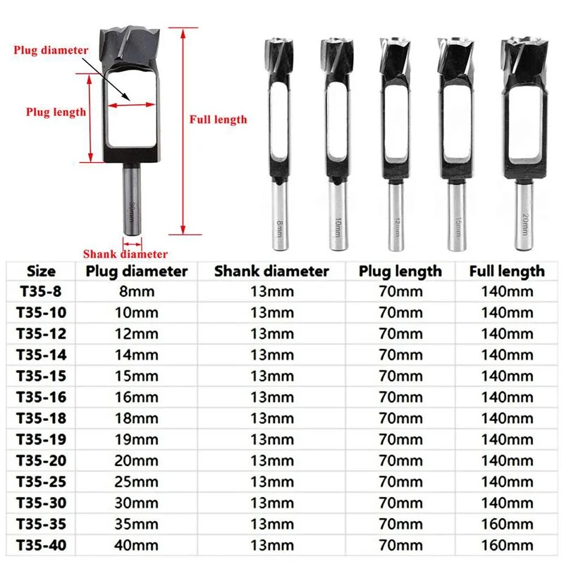 8mm-40mm Woodworking Drill Bit Tapered Snug Plug Cutter