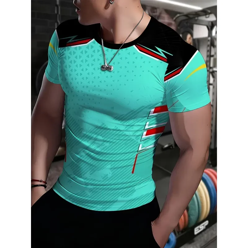 3D Digital Print Men Sports Short Sleeve T Shirt Quick Dry High Elastic Cyan Triangle Geometric Breathable Slim Training Top