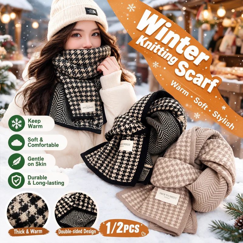 Women's Thick Knit Winter Scarf Reversible Double-Sided Design Cute Student Style Neck Warmer Warm Cozy Cold Weather Gift