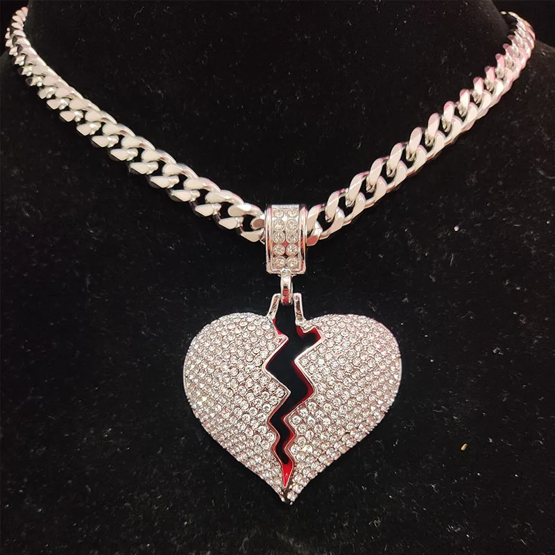 Men Hip Hop Heart Broke Iced Out Bling Pendant Necklace 7mm Width 316L Stainless Steel Chain Necklaces Hiphop Fashion Jewelry