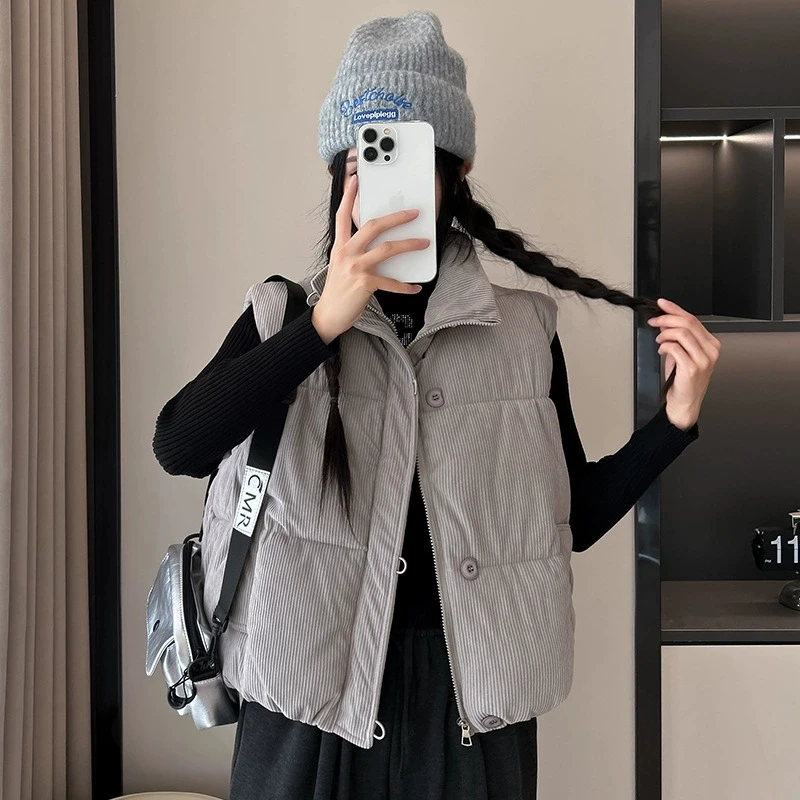 2025 Chaleco suelto de algodón de pana con plumas y cierre de cremallera, chaleco rosa para ir al trabajo para mujer, moda de otoño e invierno para mujer