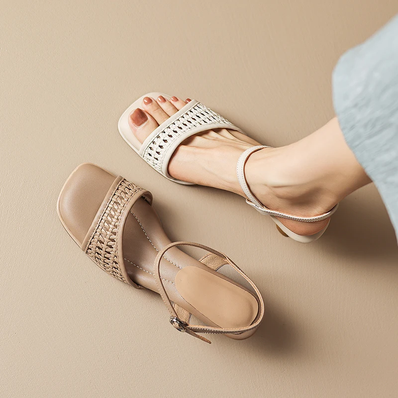 

2026 new summer women sandals natural leather 22-25cm cowhide+weave+pigskin+sheepskin ankle-buckle high heel women shoes fashion