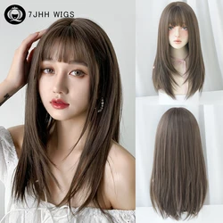 7JHH WIGS Synthetic Layered Cool Brown Wig for Women Daily High Density Long Straight Hair Wigs with Neat Bangs Heat Resistant