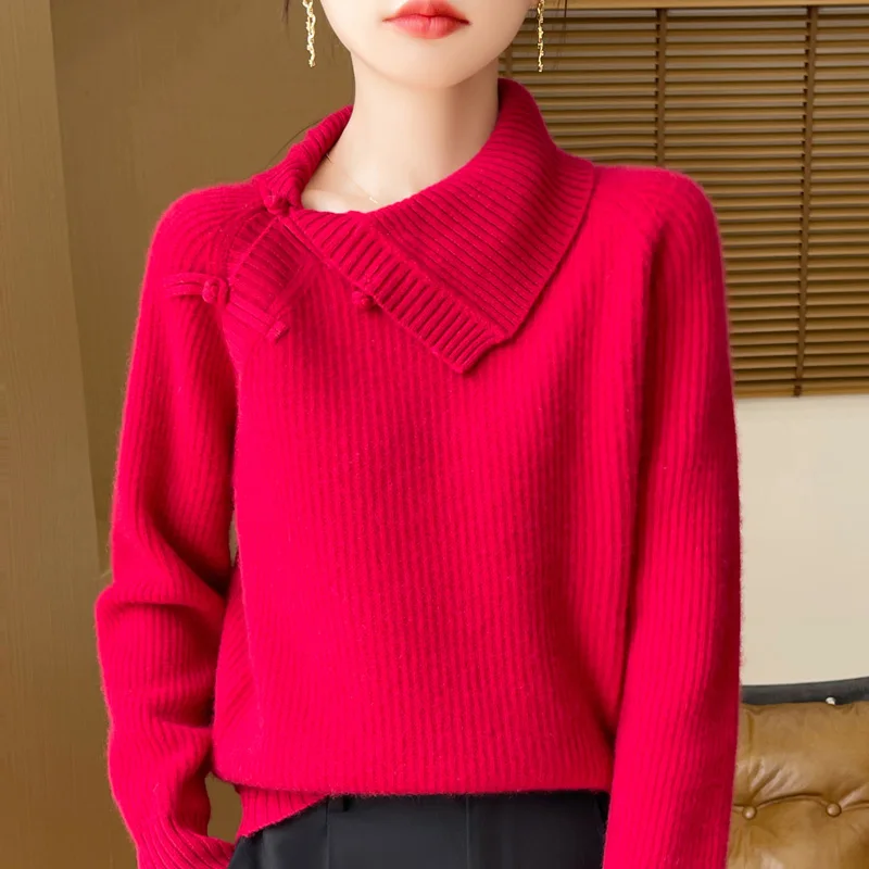 Autumn Winter New Sweater Women\'s Clothing 100% Wool Collar Knitted Pullover Fashion Chinese Style Retro Knitted Warm Tops