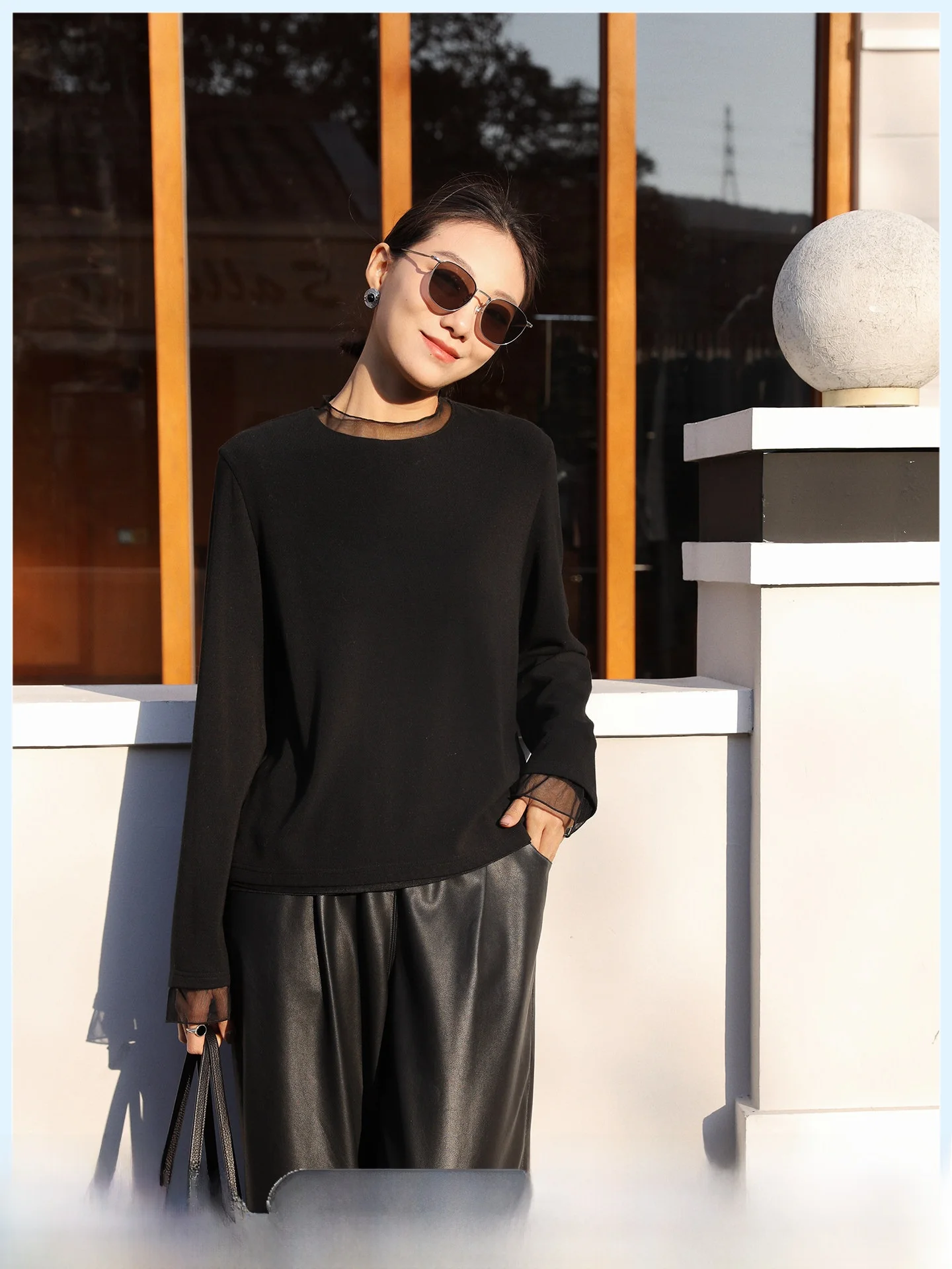 

Black Splice Long Sleeve T-Shirt Mesh Base Shirt Spring New Style Loose round Neck Top Women Casual Wear Comfortable Breathable