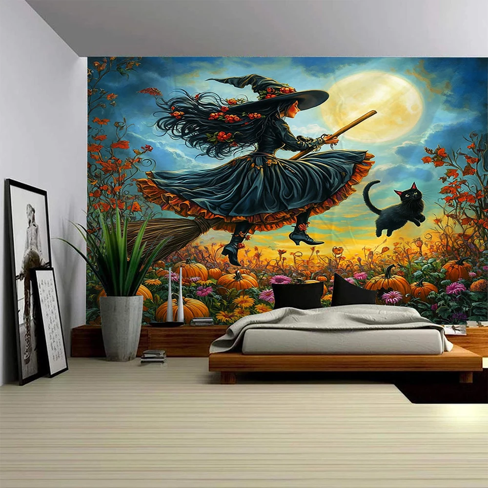 Horror Halloween atmosphere background decoration, under the moon wizard castle pumpkin head home background wall decoration tap