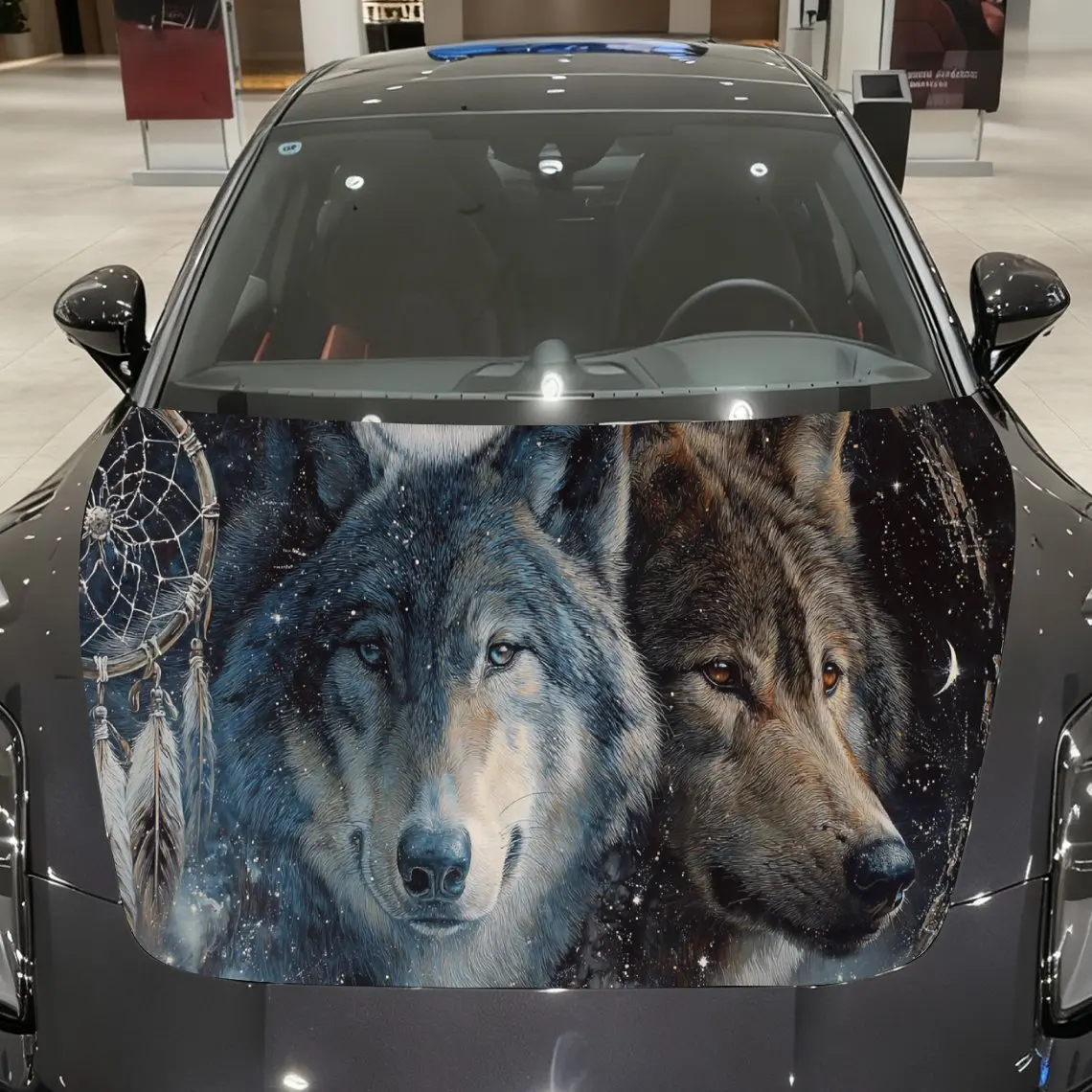 

Native American Wolf Car Hood Art, Dreamcatcher Themed Car Hood Decoration, Auto Cover Sticker, Waterproof and Self-adhesive Car