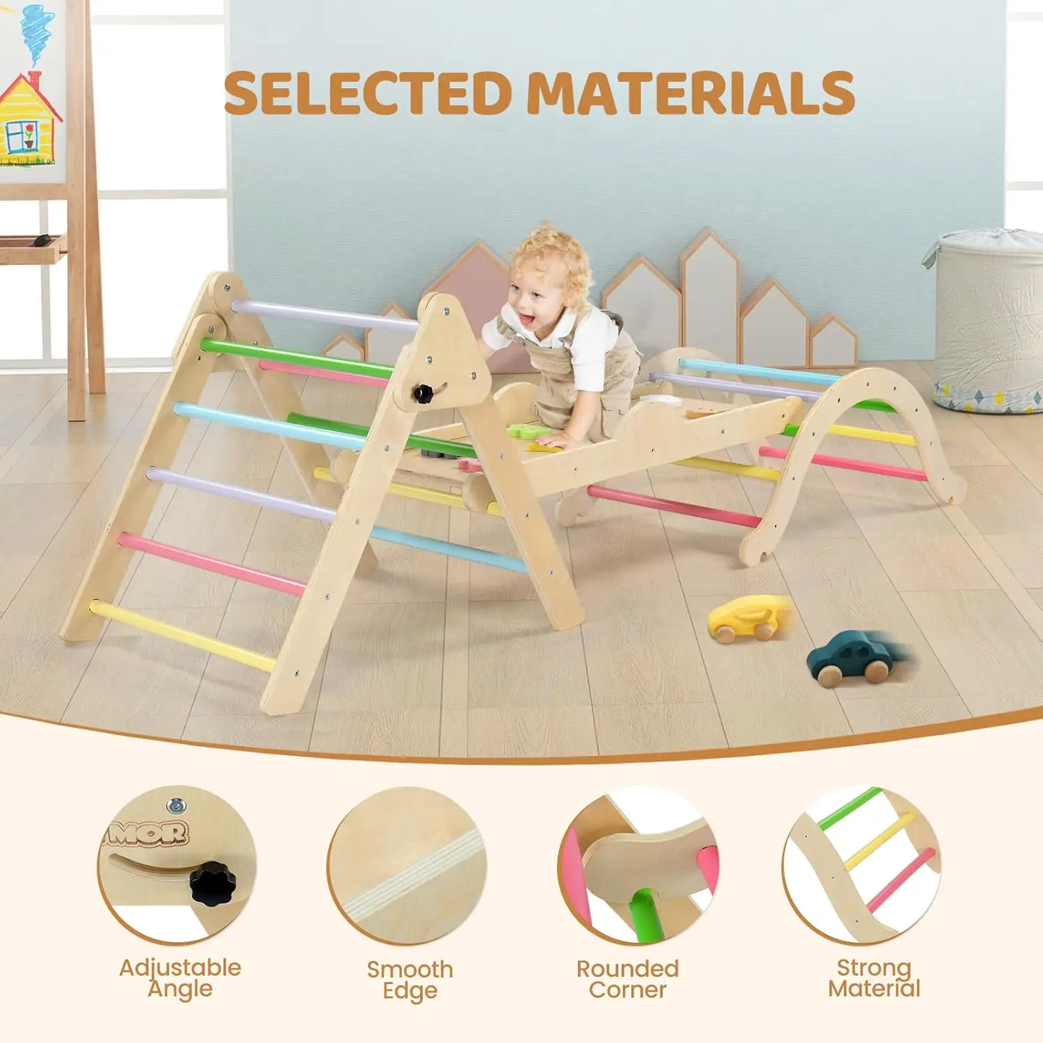 9-in-1 Pikler Triangle Set with Cushion Large, Montessori Wooden Climbing Toys for Toddlers with Colorful-Patterns Rocks, Seesaw