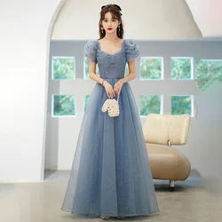 It's Yiiya Evening Dress Haze Blue Bling Beads Square Collar Short Sleeves A-line Floor-length Plus Size Women Party Formal Gown