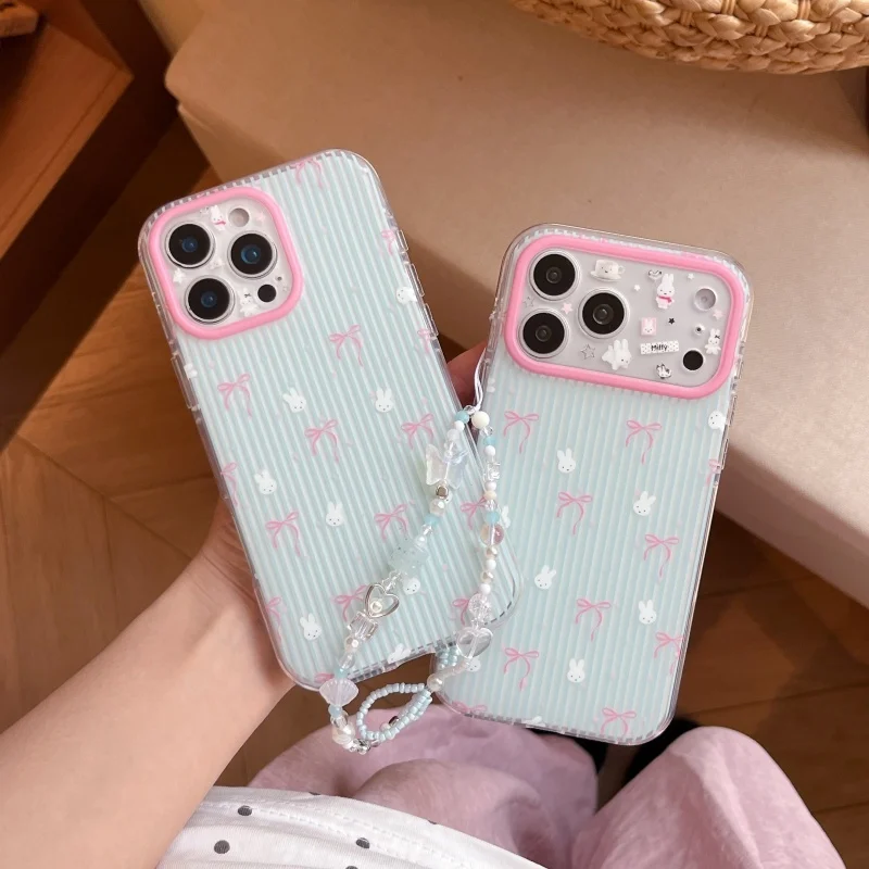 Luxury Stripe Bow Miffy Phone Case for iPhone 15 16 17 18 Pro Max Lovely Cartoon Angel Wings Miffy Star Bracelet Anti-Fall Cover