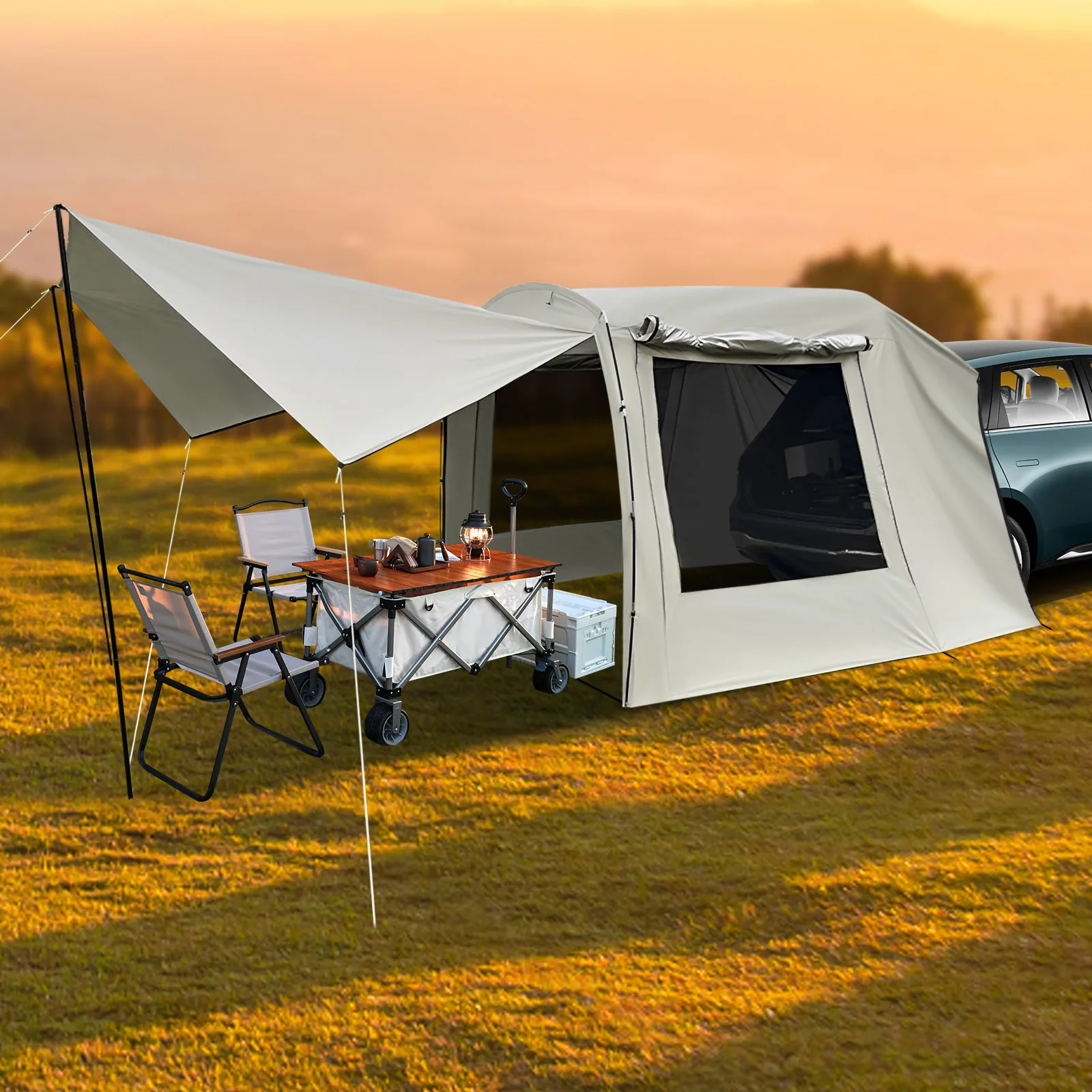 

Car Awning Outdoor Tent, Car Tent Car Camping Tent, Camping Car Box Docking Tent 4-6 People Sunshade Tunnel Style Tent