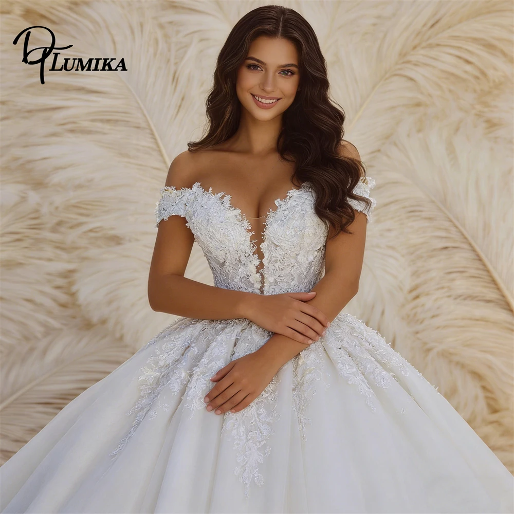 

DTLumika Ball Gown Wedding Dress Off-the-Shoulder Sweetheart Neckline 3D Lace Appliqué Cathedral Train Bridal Gown