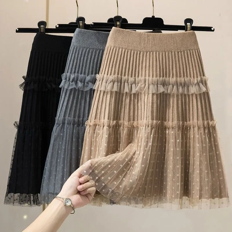 

Women Tulle Patchwork Puffy Skirt Korean Style High Waist Knitted Dot Pleated Skirt Woman Spring Simple All-Match Short Skirts