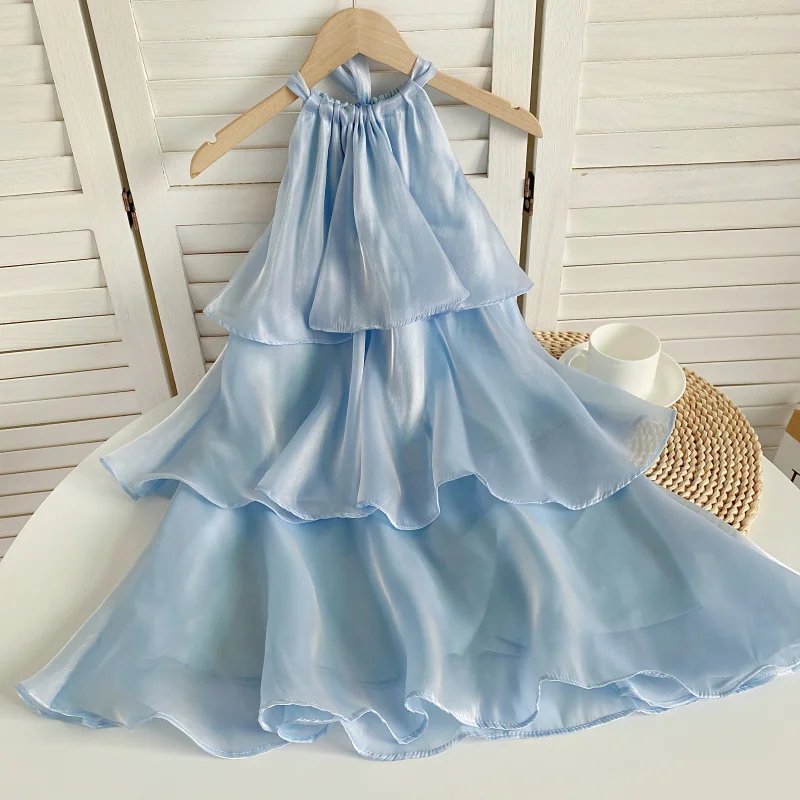 Mini vestido de renda com cabeçada, organza perolada, babado sem mangas, bolo em camadas, boneca linha A, vestido de fada, festa, verão