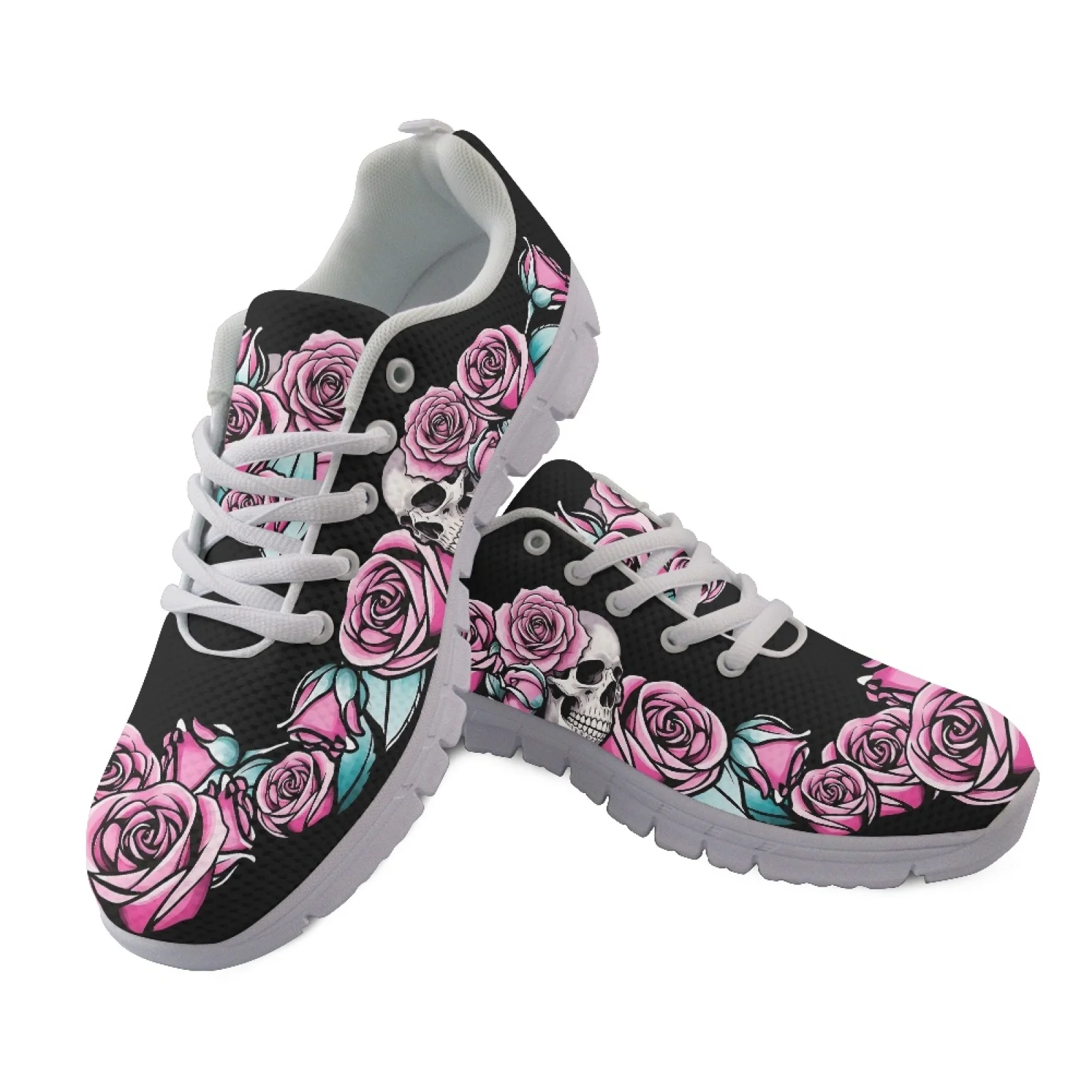Coloranimal Skull Pink Rose New Trend Breathable Walking Shoes for Women Mesh & EVA Sole Athletic Shoes Running Tennis Shoes