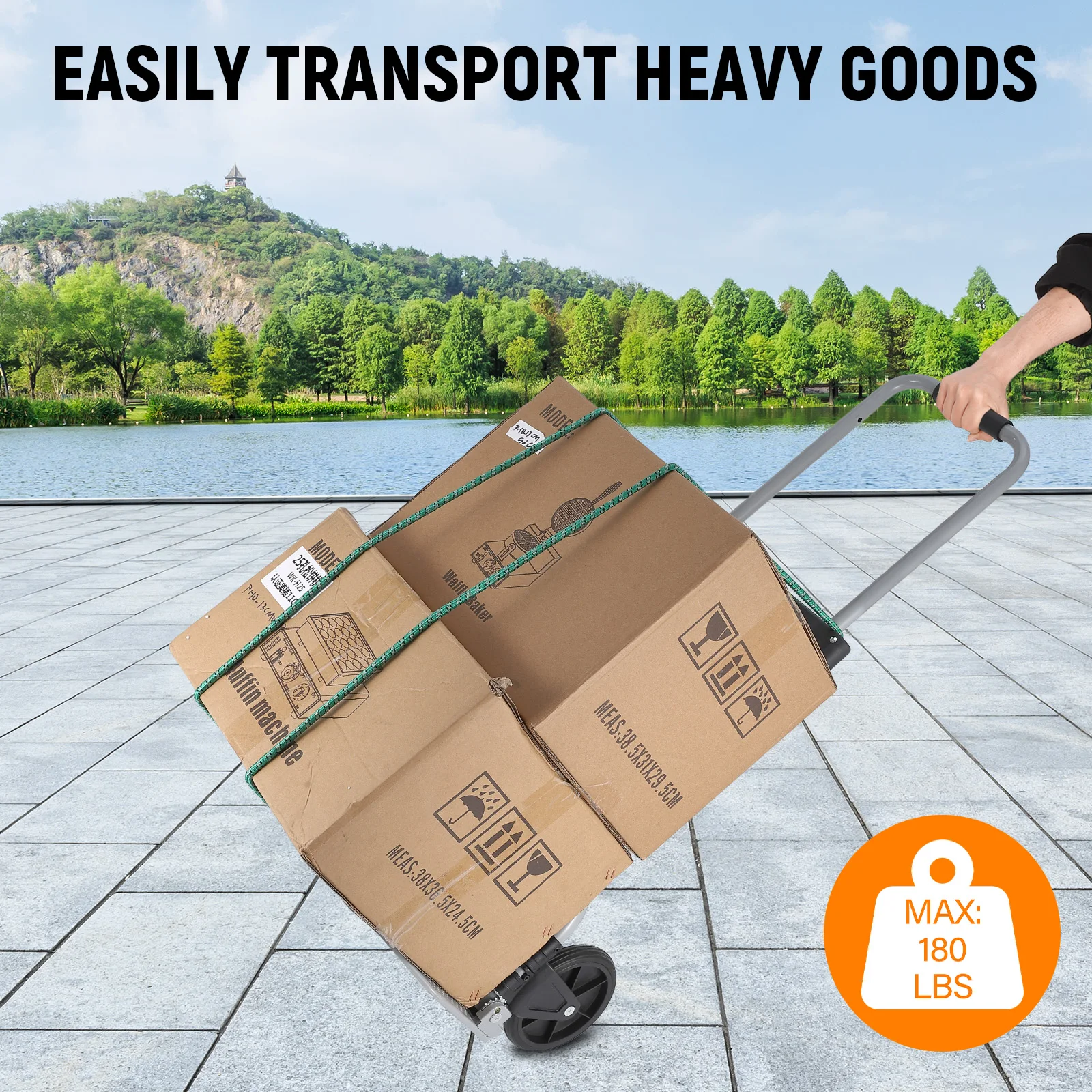 折りたたみハンドトラックドリーカート、180ポンド容量ポータブル折りたたみカート、伸縮ハンドルと移動用ゴムホイール付き