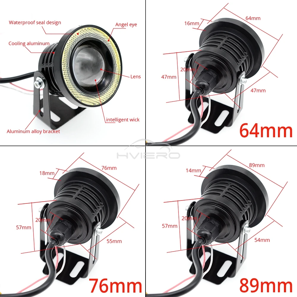 2Pcs Auto 30W Driving DRL Fog Lights COB Angel Eye 64/76/89mm Car Ambient Lamps Waterproof Daytime Running Bulb Headlight DC 12V