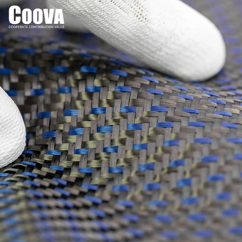 F241 COOVA Blue Kevlar & Carbon Fiber Cloth 2+1Mixed Plain Tela Fibra De Carbono Carbon Fabric Jacquard Width 200mm/300mm