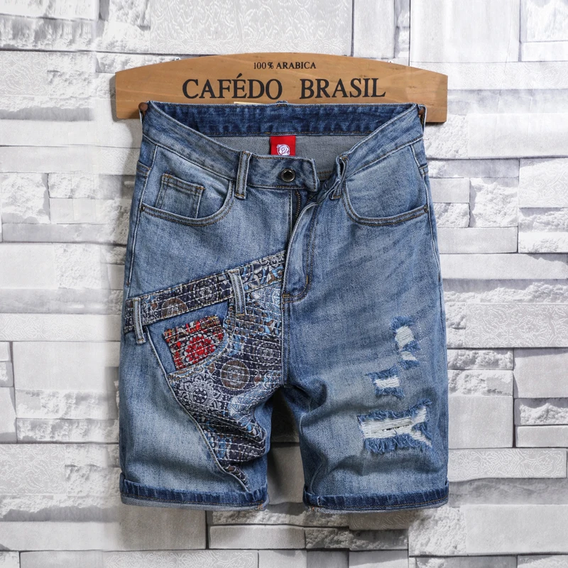 

JDK67 American tide fashion cashew flower collision colour splicing holes loose casual versatile denim shorts