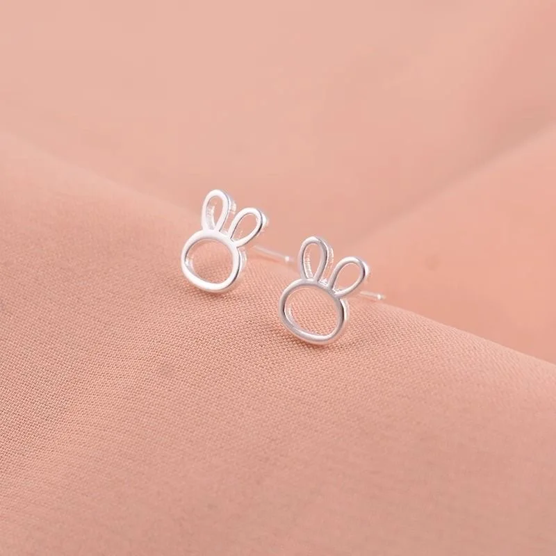 Real 925 Sterling Silver Hollow Rabbit Mini Stud Earrings For Women Classic Animal Fine Jewelry Minimalist Accessories