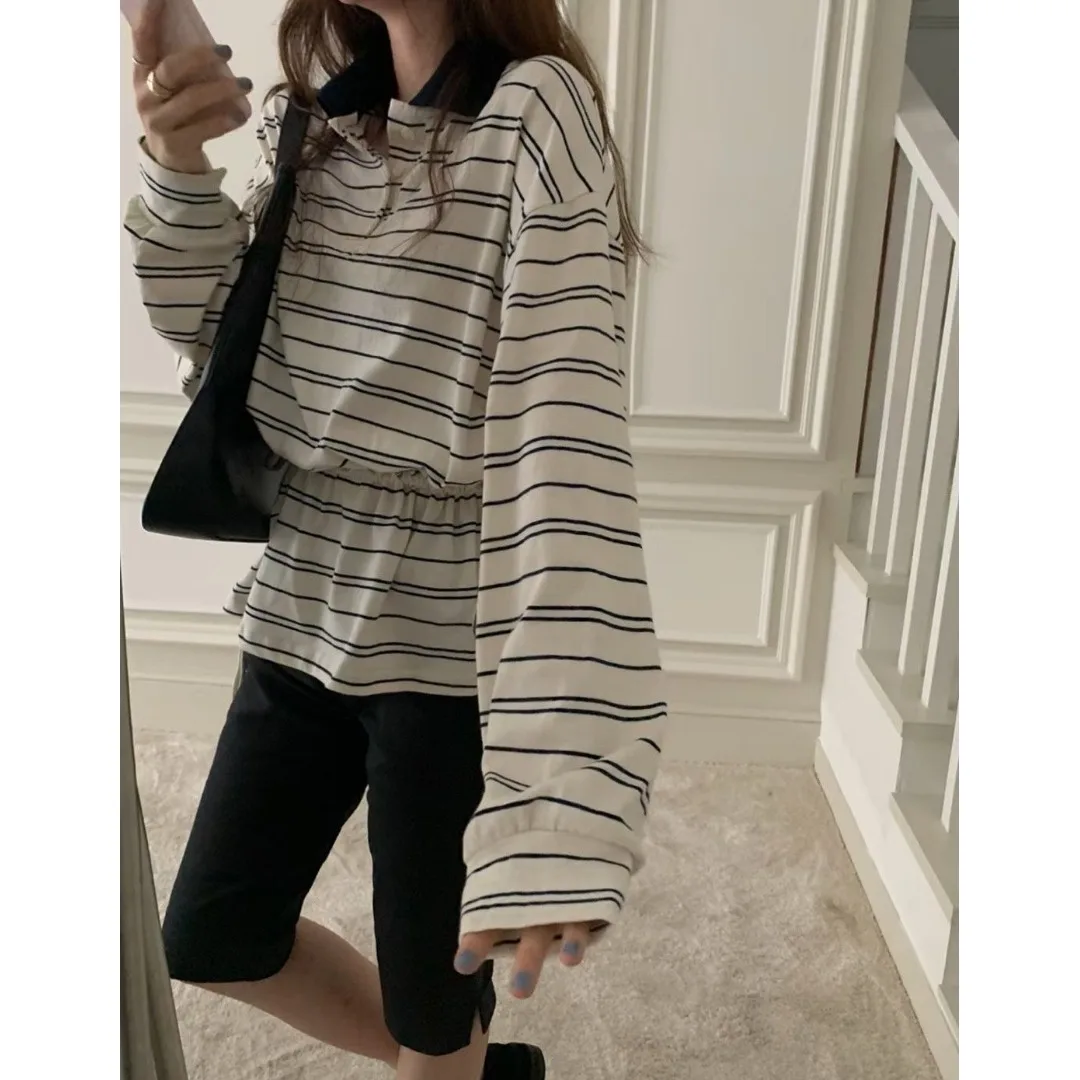 East Gate Inizio autunno pigro casual Faion design a righe con cintura in vita Ne T-shirt da donna Primavera Estate Autunno Inverno