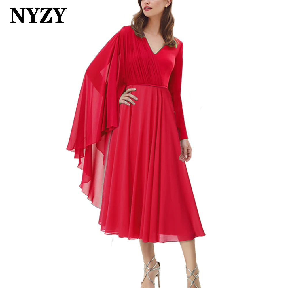 

M402B NYZY Chiffon V-Neck Cape Long Sleeves Tea-length Wedding Party Cocktail Dresses 2023