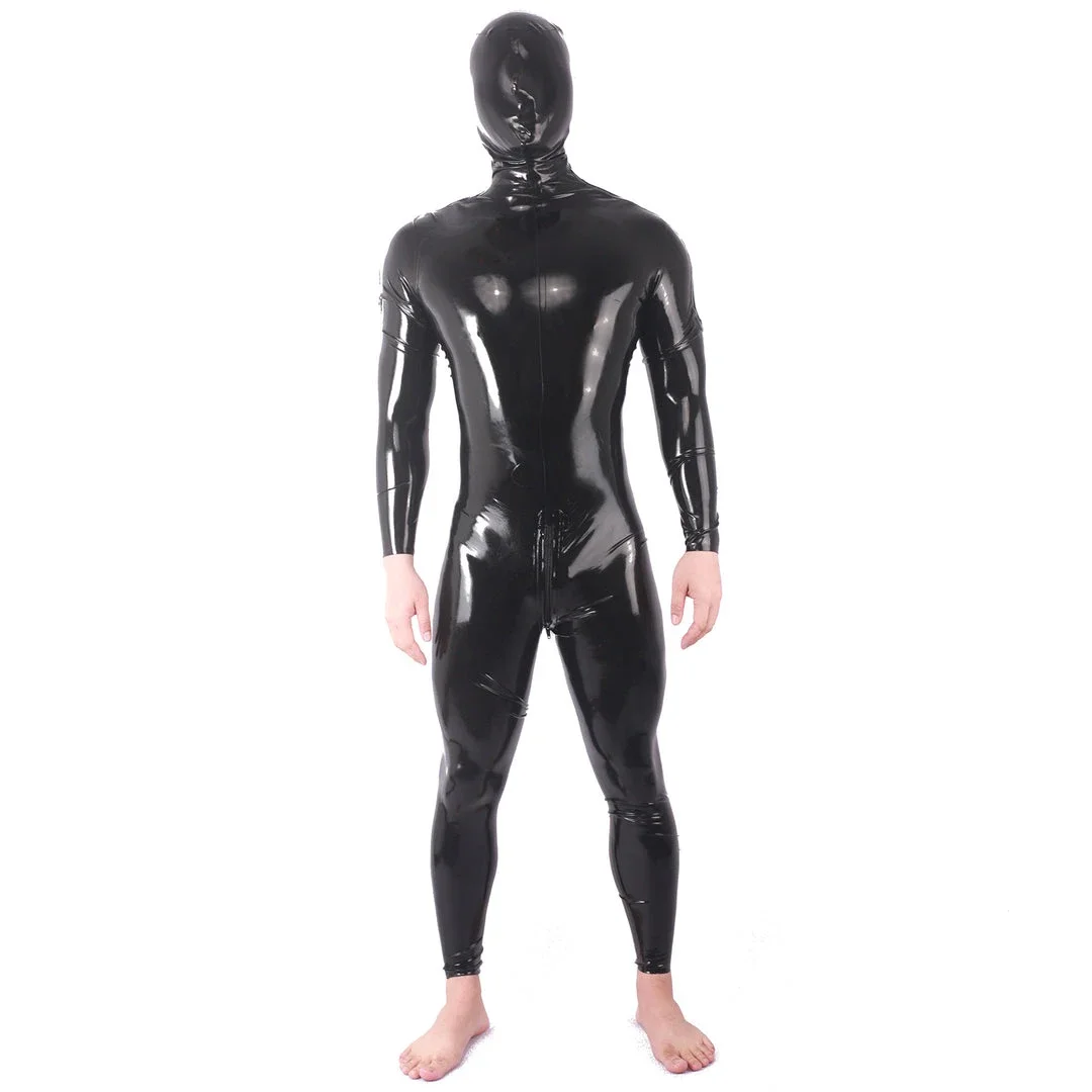 

100% Latex Pure Rubber Black Jumpsuit Men‘s Catsuit Skin Friendly Bodysuit Overall with Hood 0.4mm S-XXL