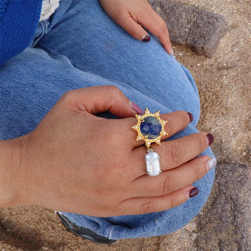 

European and American Marine Lapis Lazuli T-buckle Pearl Necklace Earring Ring Set Light Luxury Pearl Jewelry Women Jewelry Sets