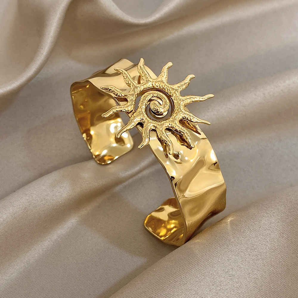 

Freetry Exaggerated Big Sun Stainless Steel Wide Bangle Bracelet Women Fashion Gold Color Cuff Open Bangle Waterproof Jewelry