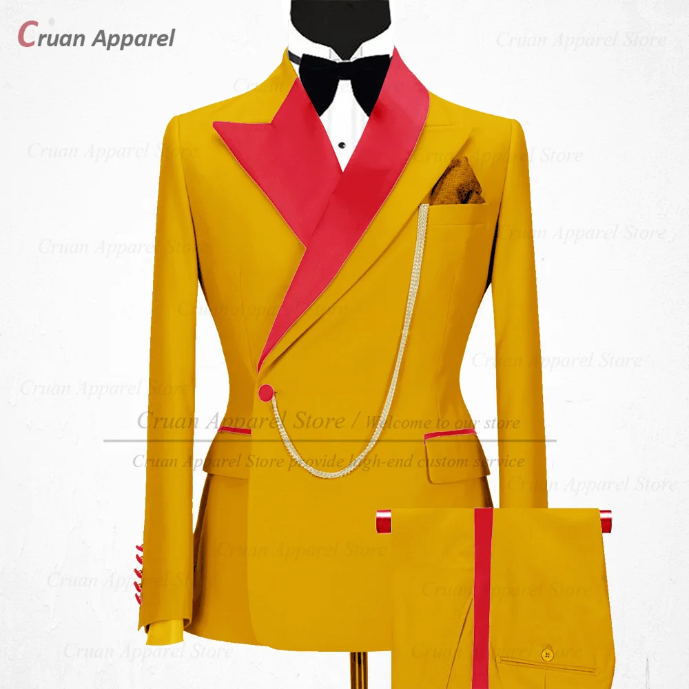 Newest Black Suits for Men Slim Fit Luxury Business Wedding Tuxedos Tailor-made Red Shiny Collar Jacket with Pants 2 Pieces Set