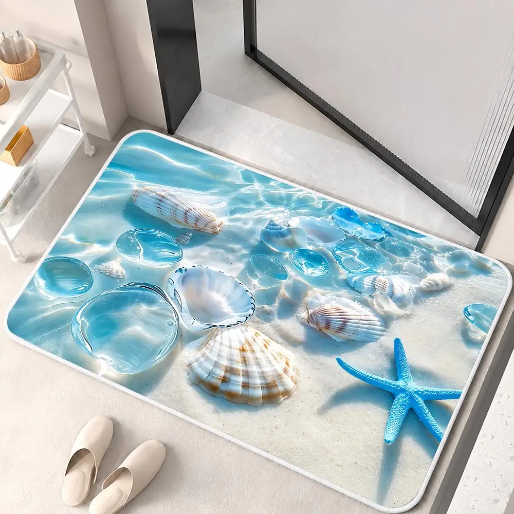 3D Waves and Shells Floor Mat Flannel Rug Soft Non Slip Washable Door Mat for Bathroom Bedroom Kitchen Home Decor
