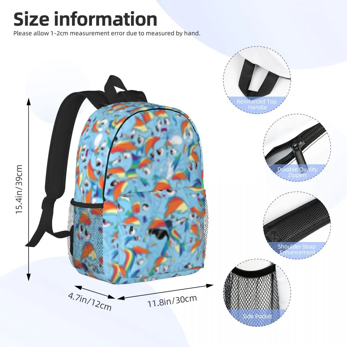 Rainbow Dash Mess mochila, saco de escola leve impressão, novo padrão elegante, 15"