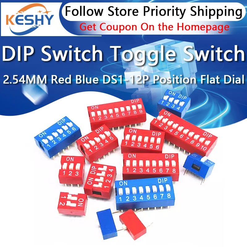 10PCS DIP Switch Toggle Switch 2.54MM Red Blue DS-1P 2P 4P 5P 6P 8P 9-12P Position Flat Dial DIP Switch Slide Type Switch Module