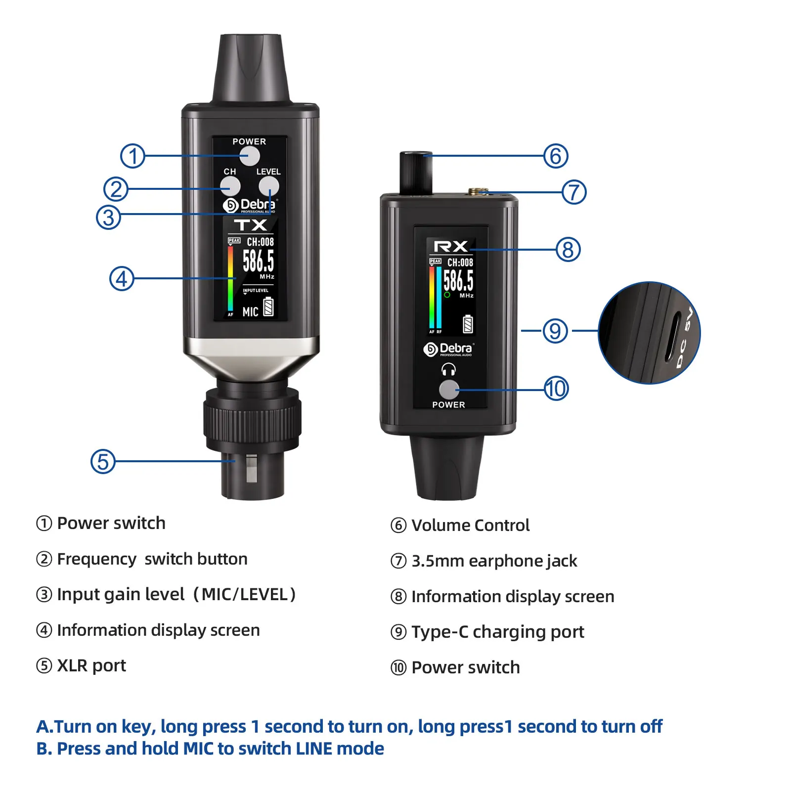 Debra EMX-1 Audio UHF Stereo IEM Drahtloses Monitoring-System, tragbar, wiederaufladbar, mit 16 einstellbaren Frequenzen auf dem Bildschirm – Detail 11