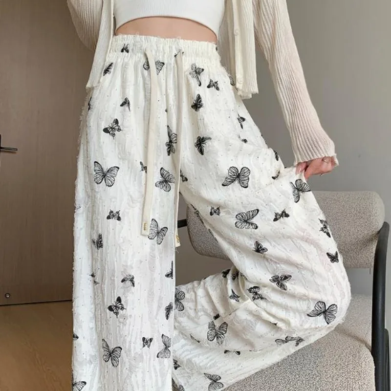 Straight Cylinder Wide Leg Pants High Waisted Hole Butterfly Printing Casual Grunge Female Summer New Design Sagging Sensation