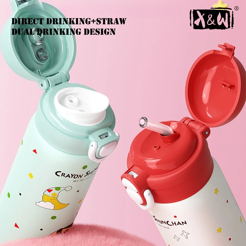 X&W 500ML for Crayon Shin-chan Thermos Stainless Steel PP Button Open Lid Straw Cup Portable Water Bottle Sports&camping Use