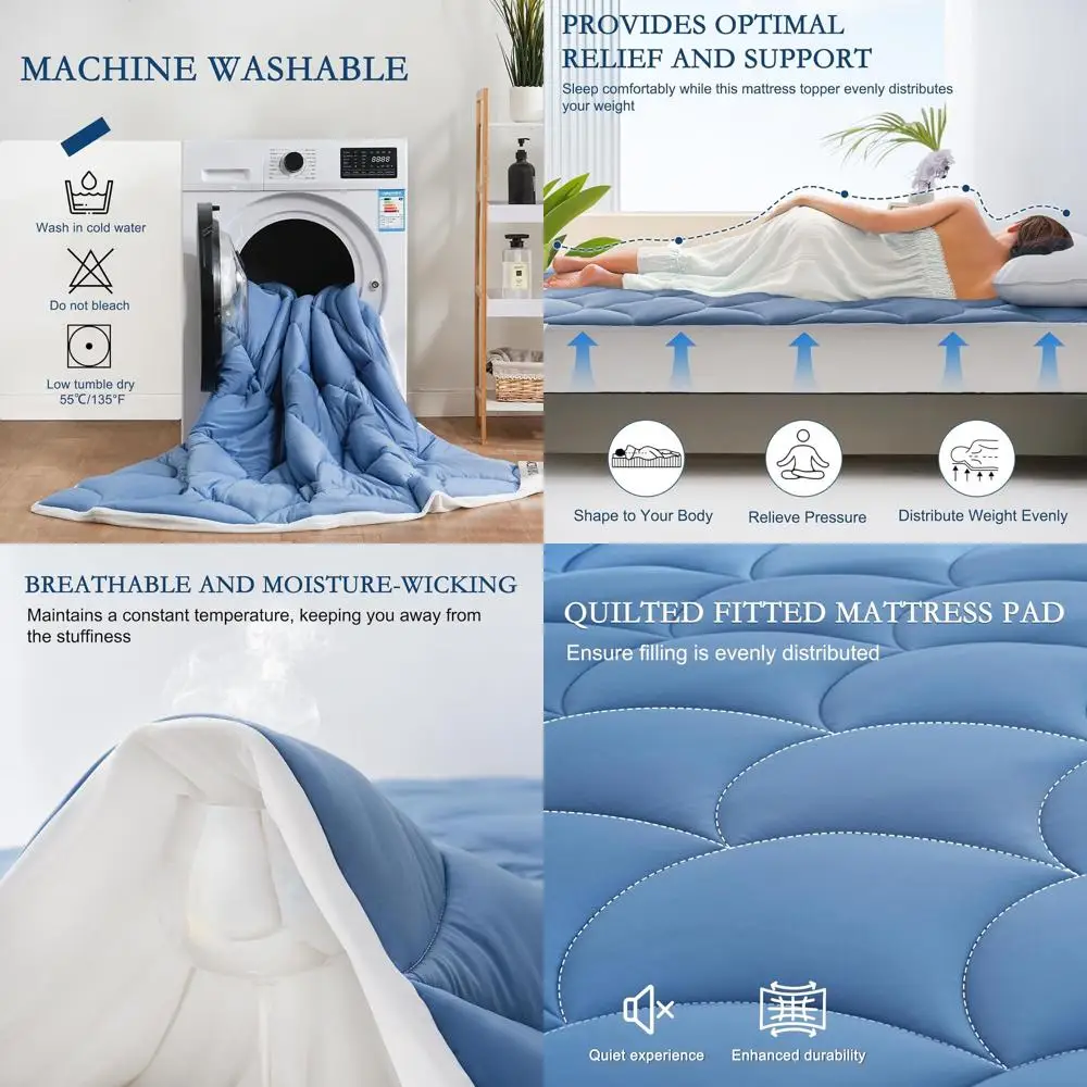 

Breathable Soft Mattress Topper, Quilted Noiseless Bed Pad Cover, Fits Mattresses 8-16 Inches, Blue, 480 GSM