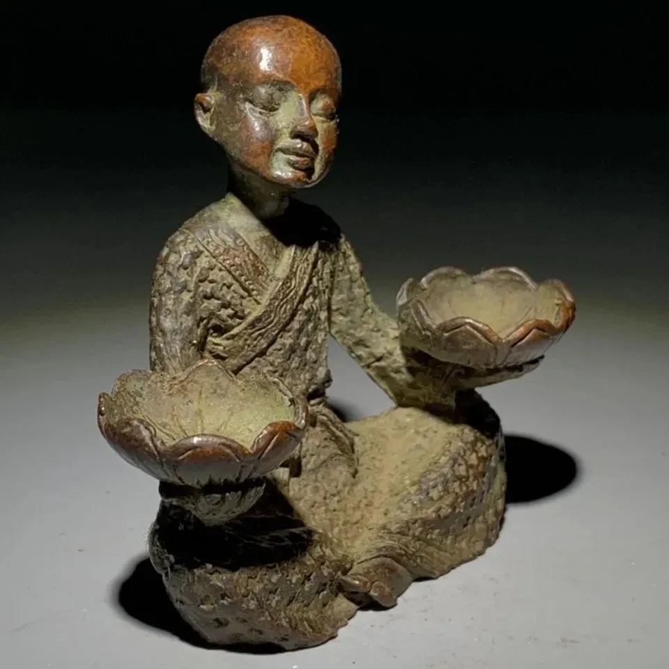 Brass Monk Holding Lotus Statue Incense Cone Burner Buddhism Zen Candle Stick