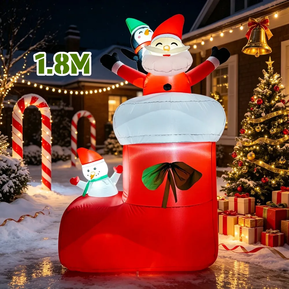 1.8M Christmas Inflatable Red Boots With Santa Claus Snowman Penguin Built LED Lights Indoor Outdoor Courtyard Square Decoration