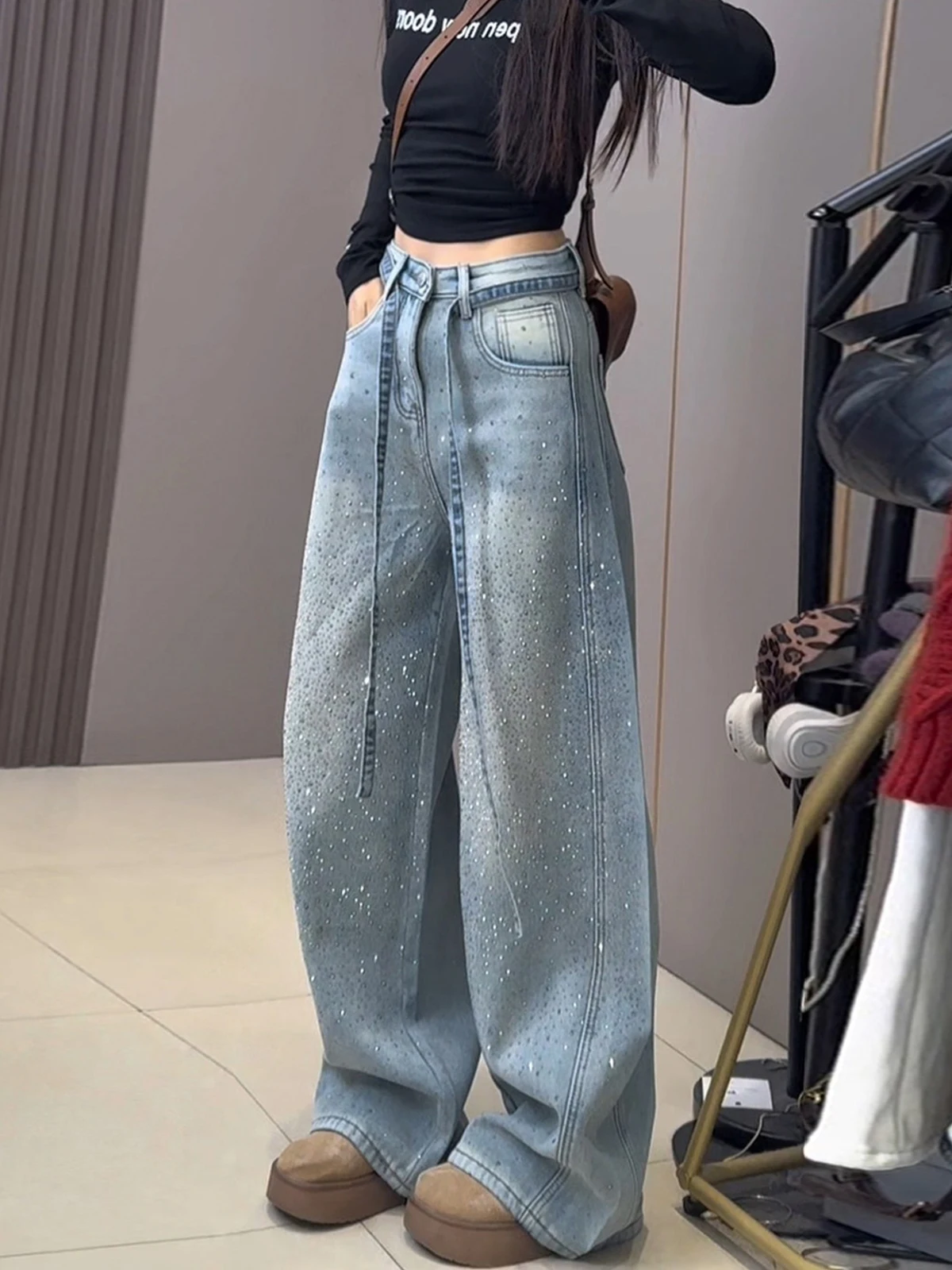 

Tianxing Rhinestone Wide Leg Denim Jeans Women's Spring Fleece Straight Loose Fashionable High Waist Pocket Zipper