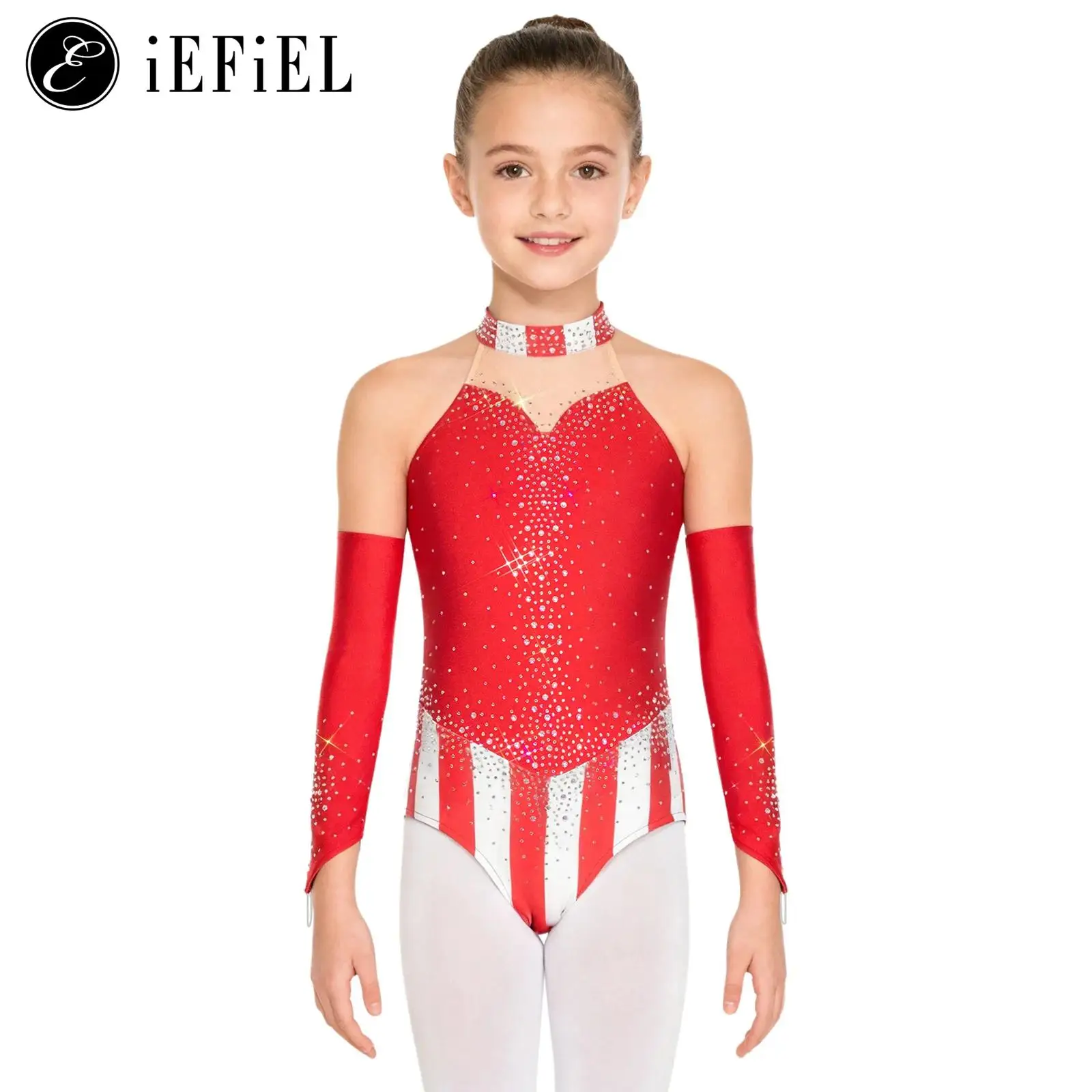 

Girls Ringmaster Dance 2 Pcs Costume Sparkly Rhinestone Halter Ballet Leotard with Oversleeve School Festival Holiday Dancewear