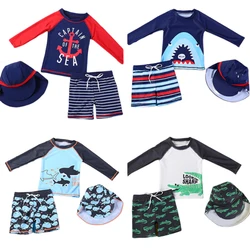 Children Long Sleeves Split Bathing Suit Boys Girls Short Sleeves  Cartoon Cute Swimsuit Kids Top+Boxer Shorts+Swimming Cap Set