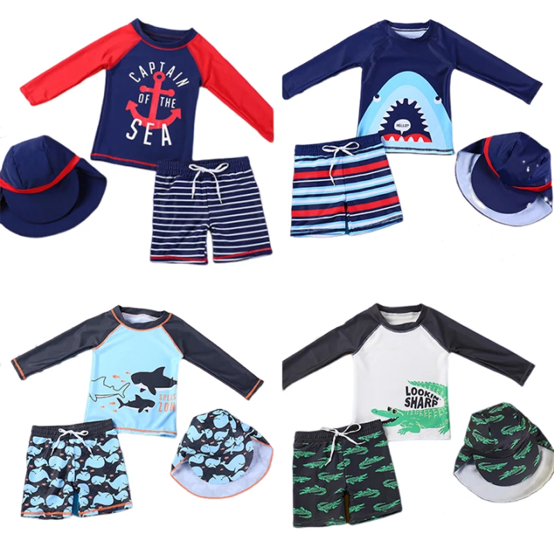 Children Long Sleeves Split Bathing Suit Boys Girls Short Sleeves  Cartoon Cute Swimsuit Kids Top+Boxer Shorts+Swimming Cap Set