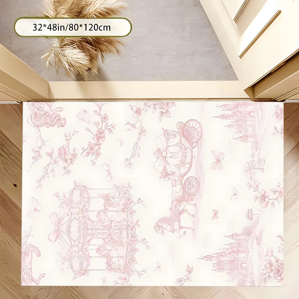 2D Large Carpet Light Pink Castle Carriage Floral Pattern French Style Bedroom Living Room Home Decor