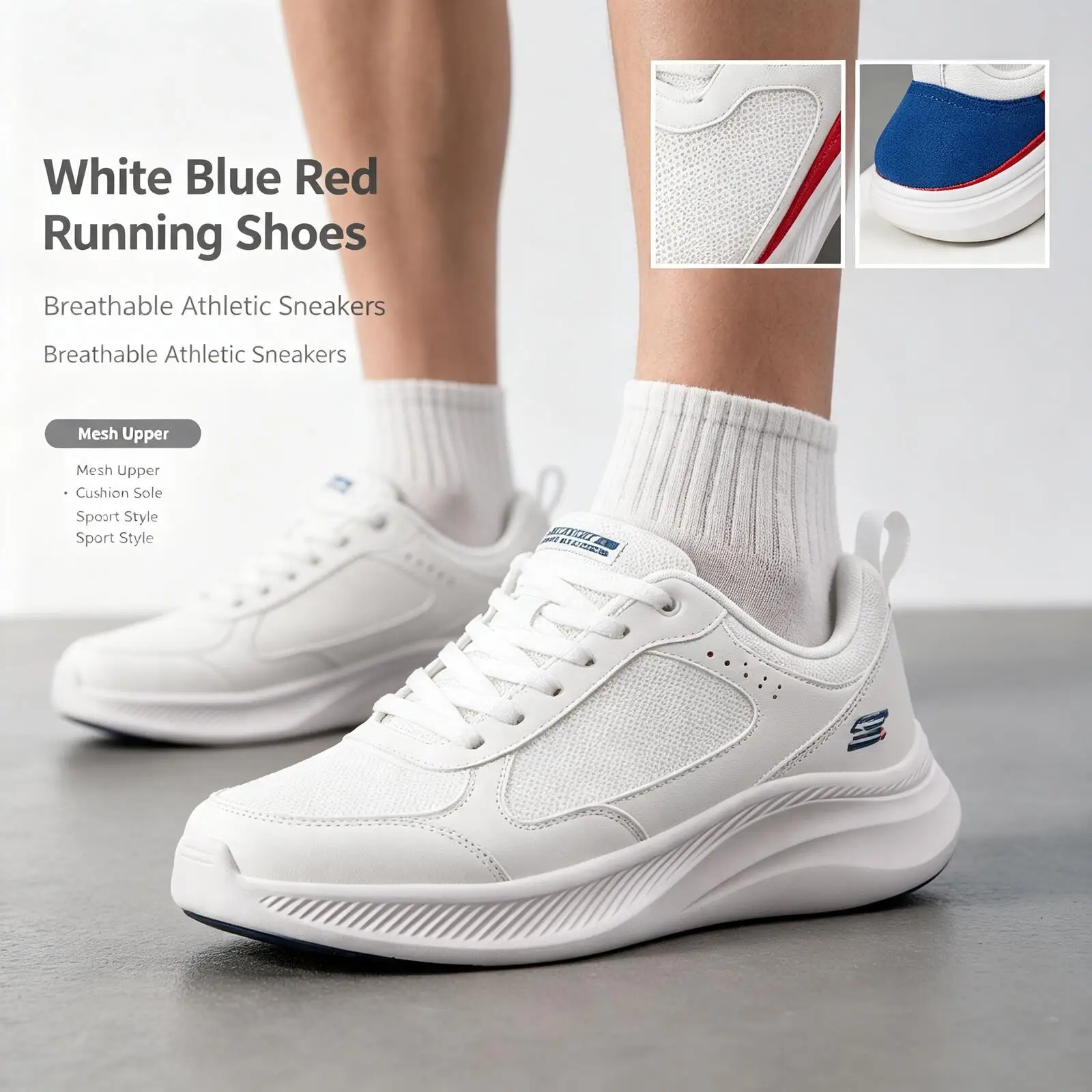 New Skechers White Blue Red Running Shoes Breathable Mesh Athletic Sneakers, Comfortable Cushioned Sports Shoes