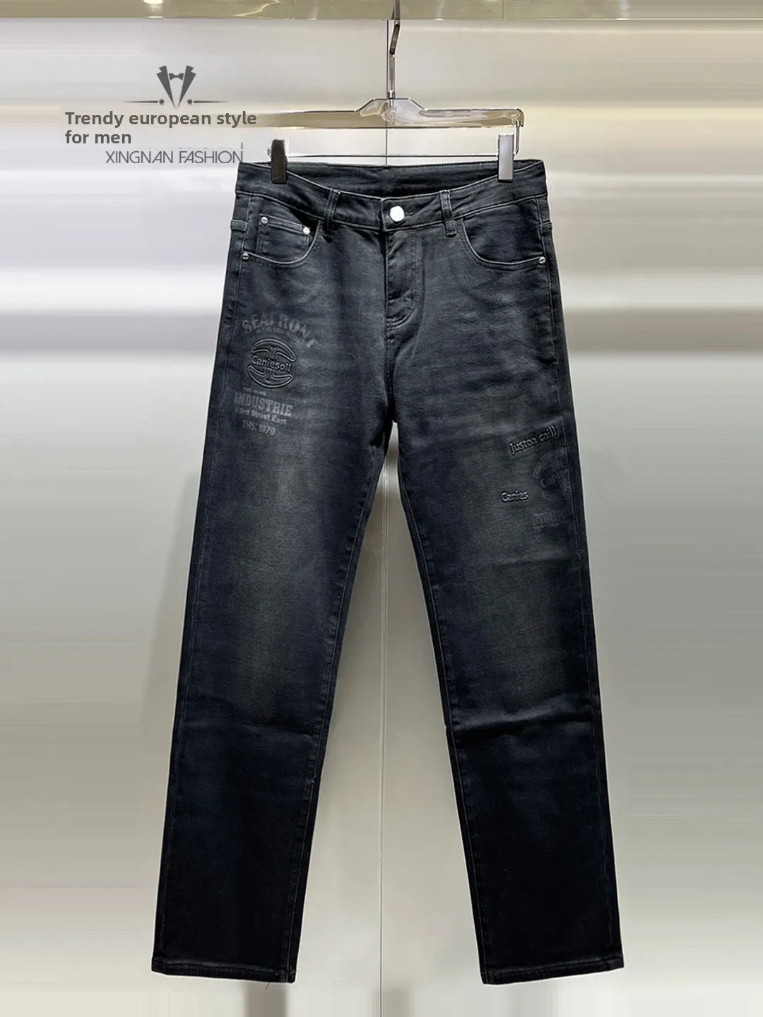 

Men's Thiened Straight Leg Jeans Winter Faion Letter Print Deep Color Slimming Casual Wide Leg Pants Comfortable Breathable