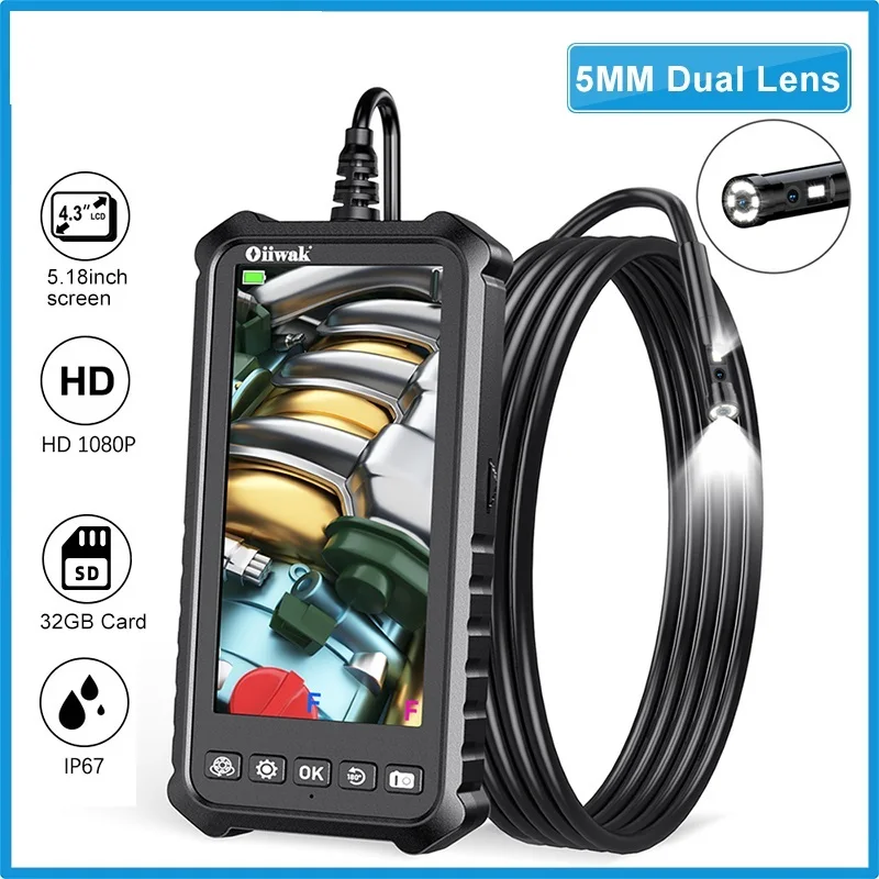 New 5mm Dual Lens Endoscope Mini Camera 5.18 IPS 1080P IP67 Waterproof Snake Inspection Endoscope Camera 32GB Sewer