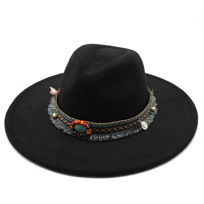 Chapeau en laine de style ethnique pour hommes et femmes, Fedora à large bord, chapeau d'église, chapeau de jazz à grand bord, transfrontalier, automne et hiver, 9 cm, 5cm