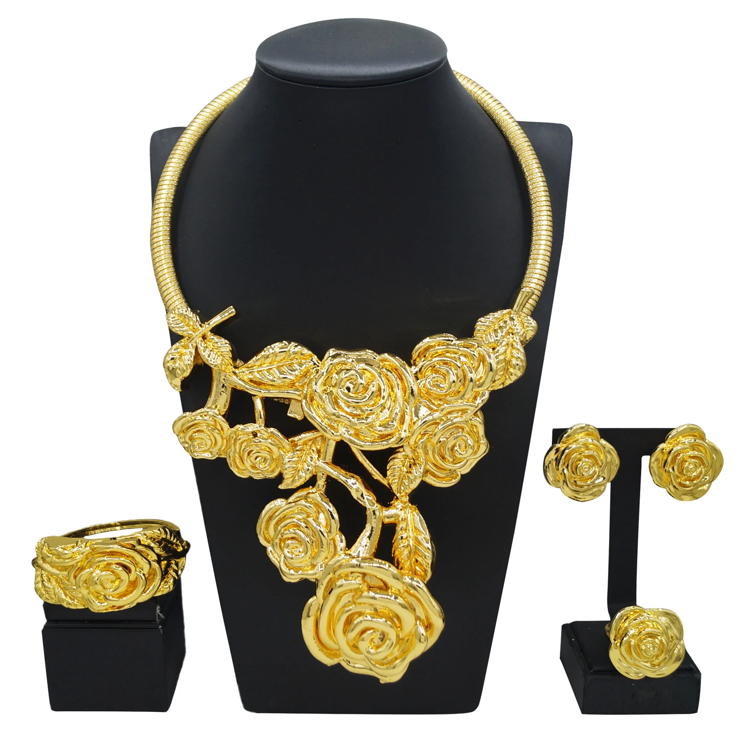 

Fashion 24k Gold Plated Flower Jewelry Set Dubai African Choker Necklace Earrings Rings Wedding Bridal Jewellery Sets for Women